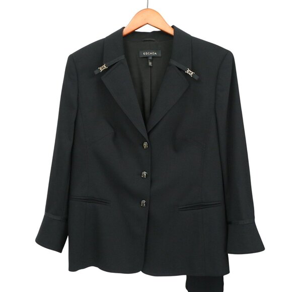Escada Black Wool Pants Suit Blazer Jacket Gold Logo Detail 42 US 12 - Picture 2 of 8